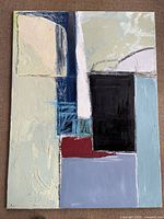 Full view of the large abstract oil painting showing all color blocks and textures on a 30x40 inch stretcher.