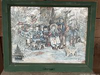 Full view of the framed winter-themed print by Theresa Ramsey titled 'Country Bus Stop Winter' showing the group of figures at the bus stop and the window sash frame.