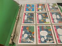 Green binder with 22 double-sided plastic pages displayed holding colorful Looney Tunes character cards with speech bubbles.