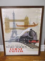 Full framed poster showing the train, Eiffel Tower, Tower Bridge, and gondola with text "The Great Venice Simplon Orient Express".