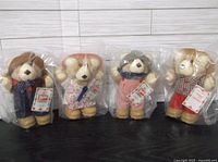 Full view of all four sealed Wendy's Furskin Bears in various outfits showing tags in original packaging.
