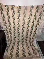 Front view of the hand made throw blanket showing braided beige and green pattern close up.
