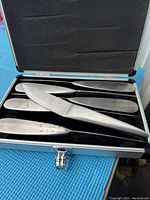 Open case displaying six stainless steel steak knives with serrated edges and matching handles inside molded slots.