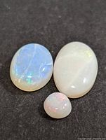 Photo showing three genuine Australian opal cabochons on black background with visible play of color and different sizes.