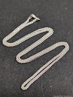 Photo showing full length of silver chain necklace with clasp, laid flat on a black surface.