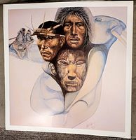 Photo of a signed lithograph featuring Indigenous hunters by Paul Ygartua, measuring approx. 24 x 24 inches.
