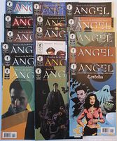 Photo showing multiple Angel comic books from the set, various colorful covers featuring cast and characters from the TV show, including photo and illustrated covers.
