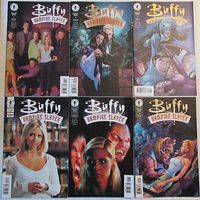 Top six comic books arranged in two rows of three, showing different official covers from Buffy the Vampire Slayer series including photographic and illustrated art.