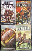 Front covers of the four Blood Bowl novels by Matt Forbeck showing fantasy football themes and artwork.