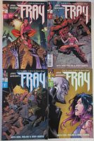 Photo of first four comics in the Fray series with visible vibrant covers showing main characters and title 'Fray' with authors listed.