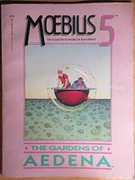 Front cover of Moebius Graphic Novel #5, colored pink with illustrated characters in a sphere, titled 'The Gardens of Aedena'