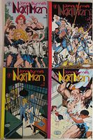 Four comic book covers from John Byrne's Next Men series, issues showing characters in dynamic poses on colorful backgrounds.
