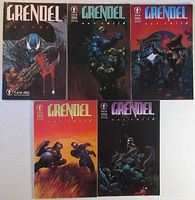 Front cover image of Grendel War Child issues #1-3 and #5-6 showing intense artwork featuring Grendel and dynamic fight scenes on covers with dark, vivid colors.