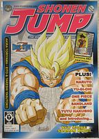 Front cover of Shonen Jump #3 from March 2003 featuring Super Saiyan Goku from Dragon Ball Z and text promoting Naruto, Yu-Gi-Oh!, One Piece, Sandland, Yuyu Hakusho, and Shaman King. Highlights exclusive DBZ card inside.