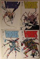 Photo showing Virus comic books issues #1, #2, #3, and #4 arranged together. Covers display detailed sci-fi creatures and bold virus titles in different colors.