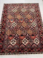 Full view of hand-knotted Bakhtiar Persian rug laid flat, showing overall panel design and border