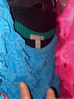 Close-up of blue ruffled dress or blouse showing Dana Buchman label, size XL, hanging with a pink textured clothing item.