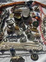 Full lot of assorted jewelry items laid out on a flat surface in sunlight. Includes necklaces, earrings, brooches, pendants, and bracelets.