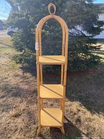 Full view of vintage bent wood etched shelf standing outdoors showing three shelves under an arch top with loop design.