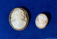 Two antique carved shell cameo brooches displayed on blue fabric, the larger set in gold-filled twisted rope frame, the smaller in silver frame.