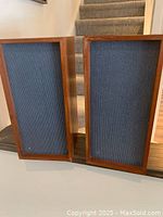 Pair of vintage Bang & Olufsen Beovox Type M speakers front view showing blue fabric grilles and rosewood wooden cabinets.