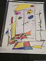 Front view of the protected mixed media abstract artwork on paper showing colorful shapes and lines.