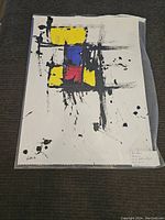 Full view of abstract oil and pastel painting on paper showing color blocks and black strokes