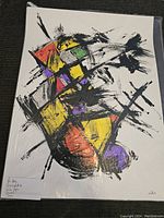 Full view of abstract oil painting on paper with bold colors and black brush strokes