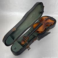 Image of the violin inside the open black hard case lined with green felt, showing the violin and its bow secured inside.