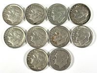 Top-side (obverse) view of all 10 Roosevelt dimes showing coin faces with profiles of Franklin D. Roosevelt and minting years