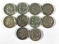 Obverse side of 10 Roosevelt silver dimes showing Roosevelt's profile and minting years.