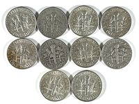 Reverse sides of 10 Roosevelt silver dimes showing torch and branches design with ONE DIME text.