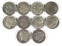 Obverse side of ten Roosevelt dimes showing Franklin D. Roosevelt's left-facing profile and mint years.