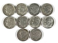 Obverse side of 10 silver Roosevelt dimes showing Roosevelt's profile and visible mint dates from 1940s-1960s.