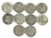 Obverse view of 10 Roosevelt dimes featuring profiled bust of Franklin D. Roosevelt, dates visible, coins show varying wear.