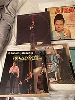 Photo showing five vinyl record covers including 'Aida,' 'Switched-On Bach,' and 'Belafonte at Carnegie Hall'