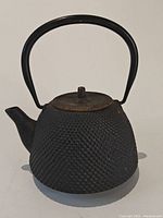 Side view of black textured cast iron teapot with curved handle and lid.