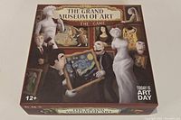 Photo of game box cover titled The Grand Museum of Art with illustrated characters and famous artwork.