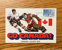 Front of vintage hockey postcard featuring two players from the 1972 Canada-U.S.S.R. series with Canadian flag and postage stamp.