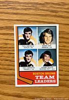 Front of 1974-75 O-Pee-Chee hockey card featuring Boston Bruins team leaders including Bobby Orr, Phil Esposito, and Johnny Bucyk with respective statistics.