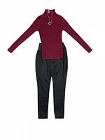 Black workout pants and maroon ribbed long-sleeve shirt laid out flat on white background, showing full front view of both items.
