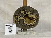 Front view of geode on marble stand with ruler for scale