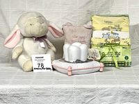 Group shot of all items: bodysuit pack, tooth bank, pouch, plush lamb