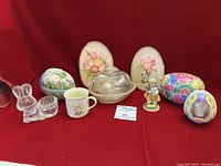 Group shot of all Easter decor items on red background