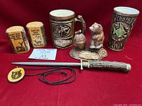 All seven woodsy themed items grouped on red background