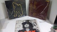 Three T-Rex vinyl albums; two standing with visible front and back covers, one lying flat with a black and white portrait and orange text.