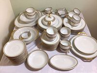 Full set of Haviland Limoges china including various plates, cups, saucers, serving dishes, creamer, and sugar bowl arranged on a table.