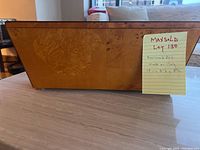 Side view of the rectangular Italian burlwood box showing the detailed wood grain pattern and natural tree burl markings.