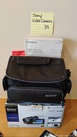 Sony Handycam carrying case on top of original box with user manual visible.