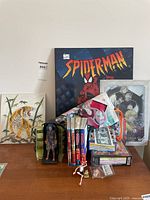 Front view of the collection showing Spiderman puzzle, tiger canvas painting, anime and superhero manga books, dragon ball z manga volumes, anime DVDs, and figurines including an alien figure and small anime statues.